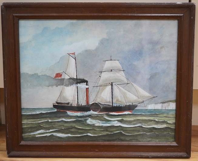 19th century English School, gouache, Schooner and paddle steamer by a coastline, unsigned, 29 x 37cm. Condition - fair